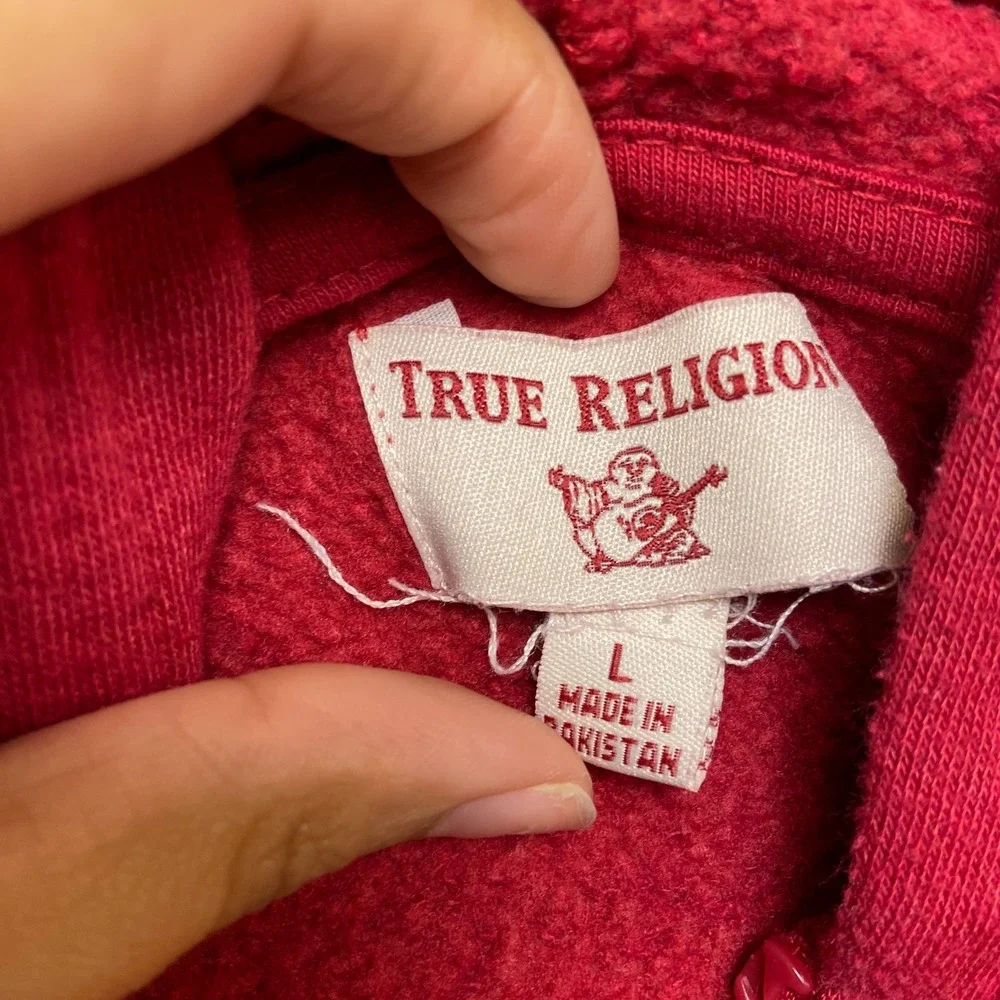 True Religion Hoodie Mens Large Red Fleece Lined Full Zip Graphic Print Winter